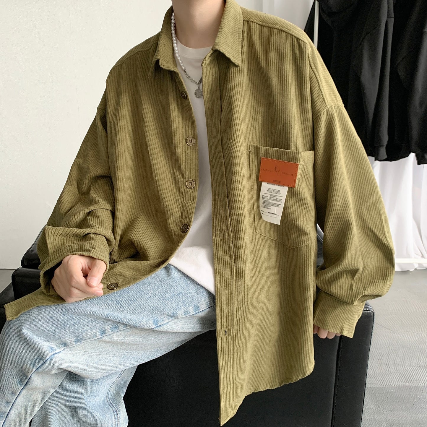 Privathinker Corduroy Long Sleeve Shirts - Unisex Fashion Casual Oversize Shirt Printed Clothing