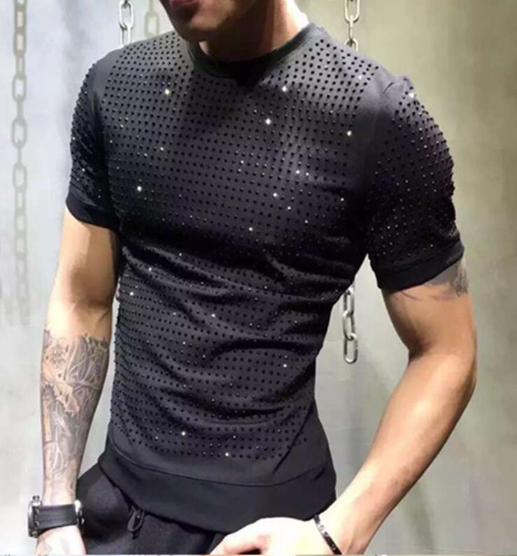 Drill T-shirt Rhinestones Short Sleeve Heavy industry T-shirt