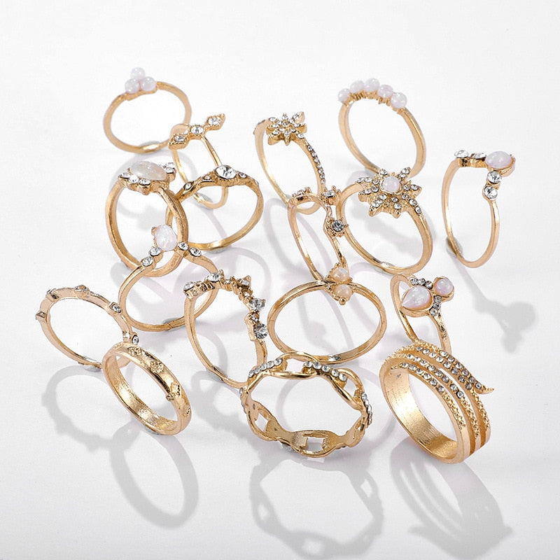 17 Pcs/Set Boho Vintage Gold Color Crystal Opal Gem Ring Set Crown Star Water Drop Geometric Party Rings for Women Jewelry Gifts