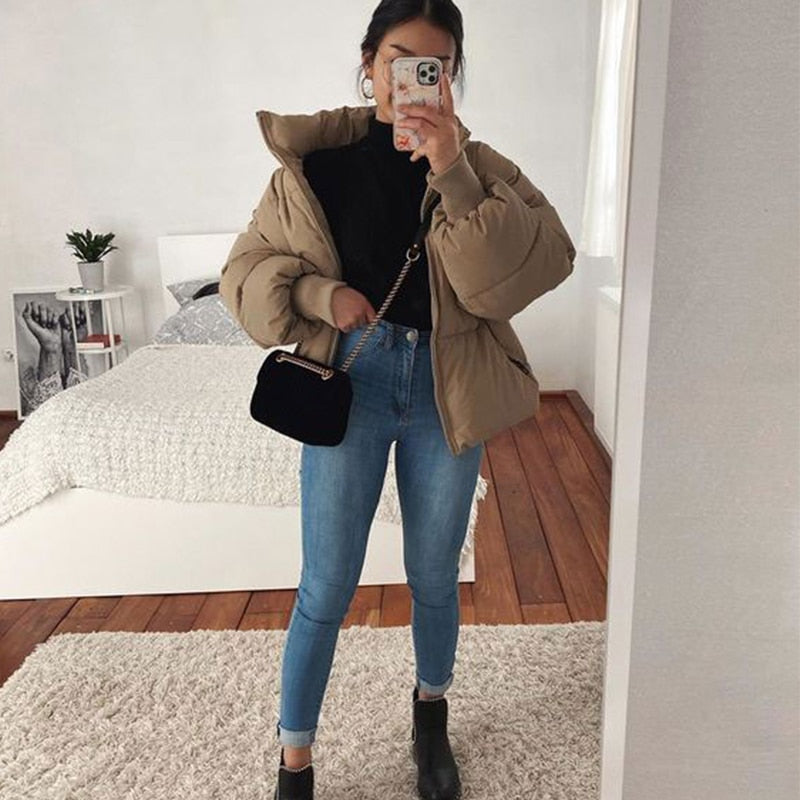 Gtealife Fashion Stand Collar Parkas Thick Warm Winter Bubble Coats Khaki Jackets Pockets Zipper Simple Overcoats