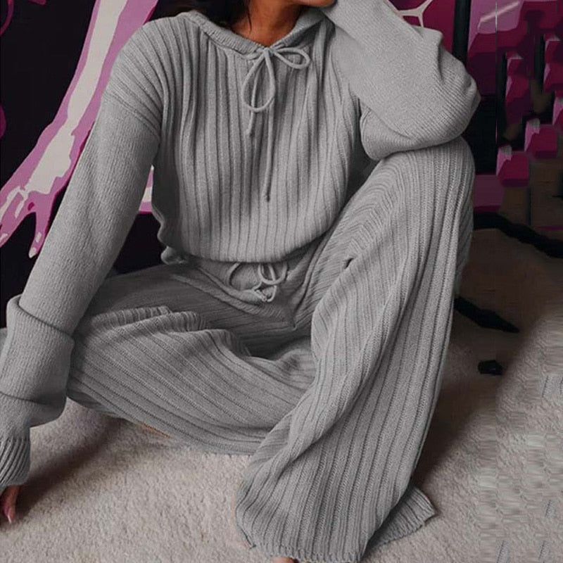 Knitted Pajama Set, Hooded Pajama Pants, Home Long Sleeve Sleepwear Loose Lounge Wear