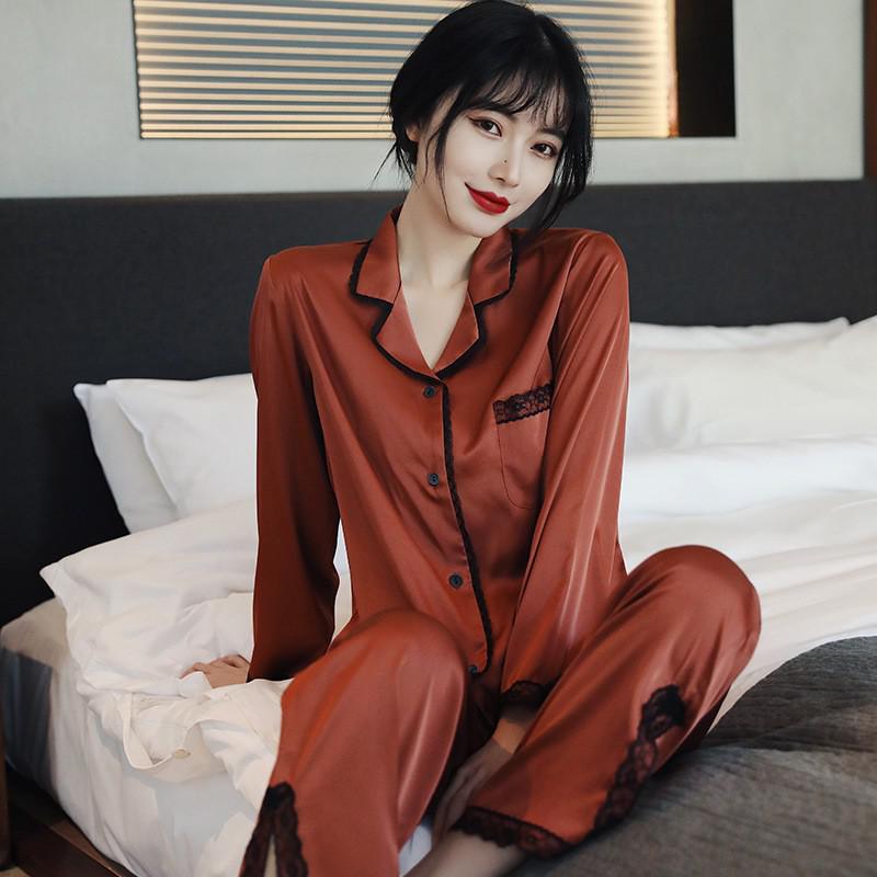 Lace 2PCS Sleepwear Satin Pajamas Suit Summer Pajamas Casual Intimate Lingerie Long Sleeve Shirt Pants Lounge Wear