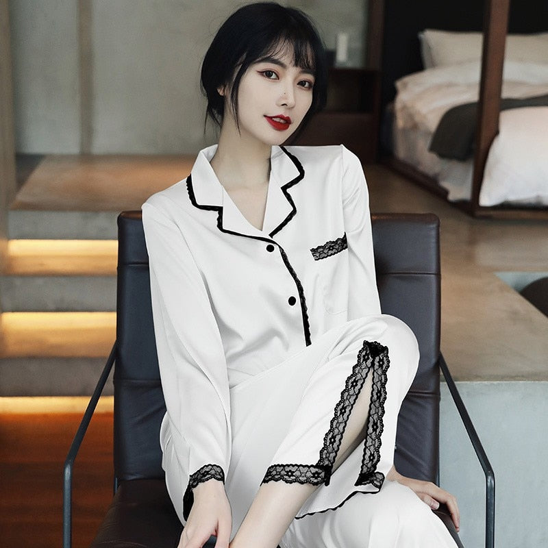 Lace 2PCS Sleepwear Satin Pajamas Suit Summer Pajamas Casual Intimate Lingerie Long Sleeve Shirt Pants Lounge Wear