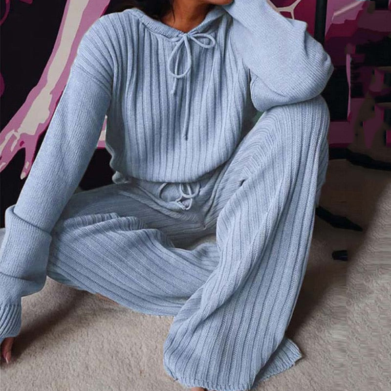 Knitted Pajama Set, Hooded Pajama Pants, Home Long Sleeve Sleepwear Loose Lounge Wear