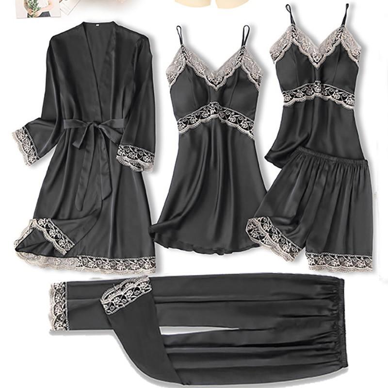 Satin Women Robe Set Sexy Nightdress Sleepwear Kimono Gown Lace PAJAMAS Intimate Lingerie Hollow Out Nighty&Robe Suit