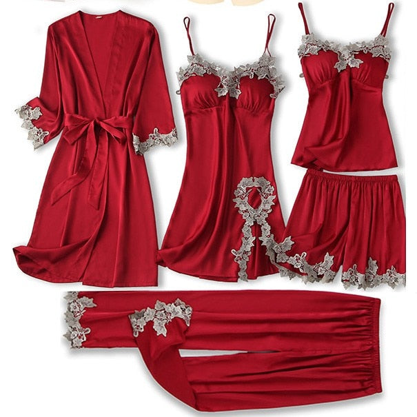 Satin Women Robe Set Sexy Nightdress Sleepwear Kimono Gown Lace PAJAMAS Intimate Lingerie Hollow Out Nighty&Robe Suit