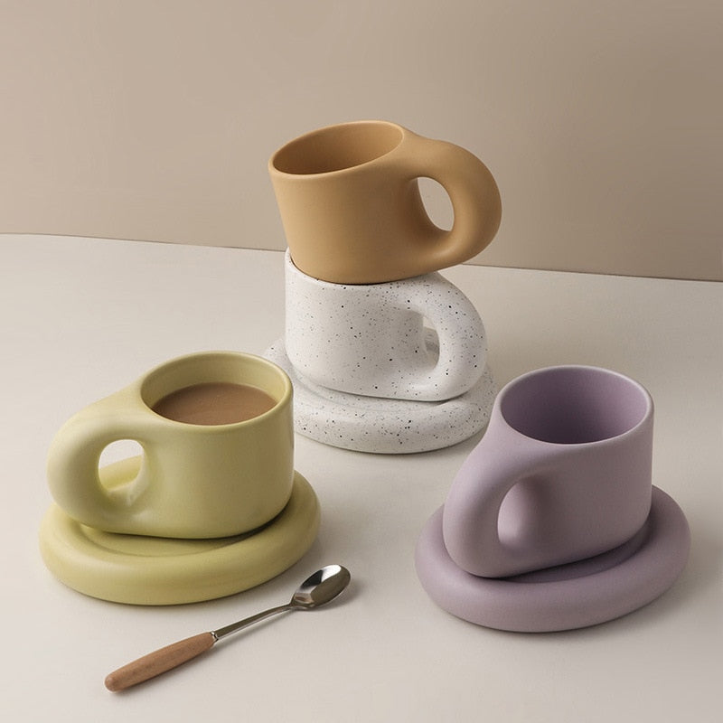 Creative Handmade Fat Handle Mug 300ml and Oval Plate Ceramic Cup Saucer For Coffee Tea Milk Nordic Home Decor