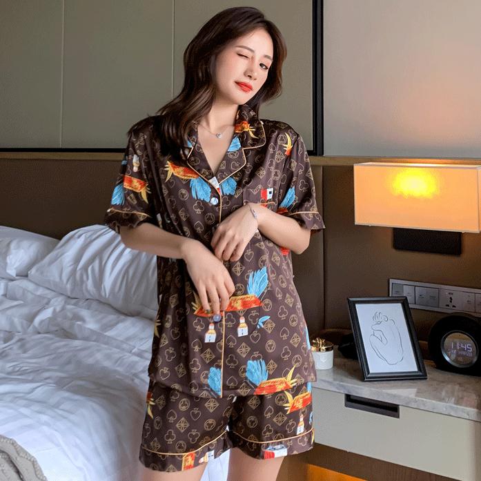 Pajamas - Women Satin Print Nightwear Casual 2PCS P V-Neck Intimate Lingerie