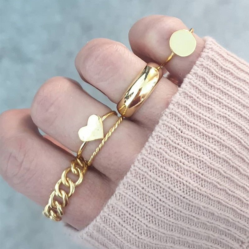 17 Pcs/Set Boho Vintage Gold Color Crystal Opal Gem Ring Set Crown Star Water Drop Geometric Party Rings for Women Jewelry Gifts