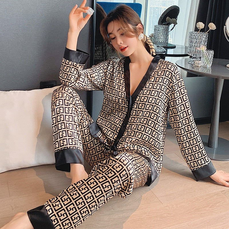 Pajamas - Women Satin Print Nightwear Casual 2PCS P V-Neck Intimate Lingerie
