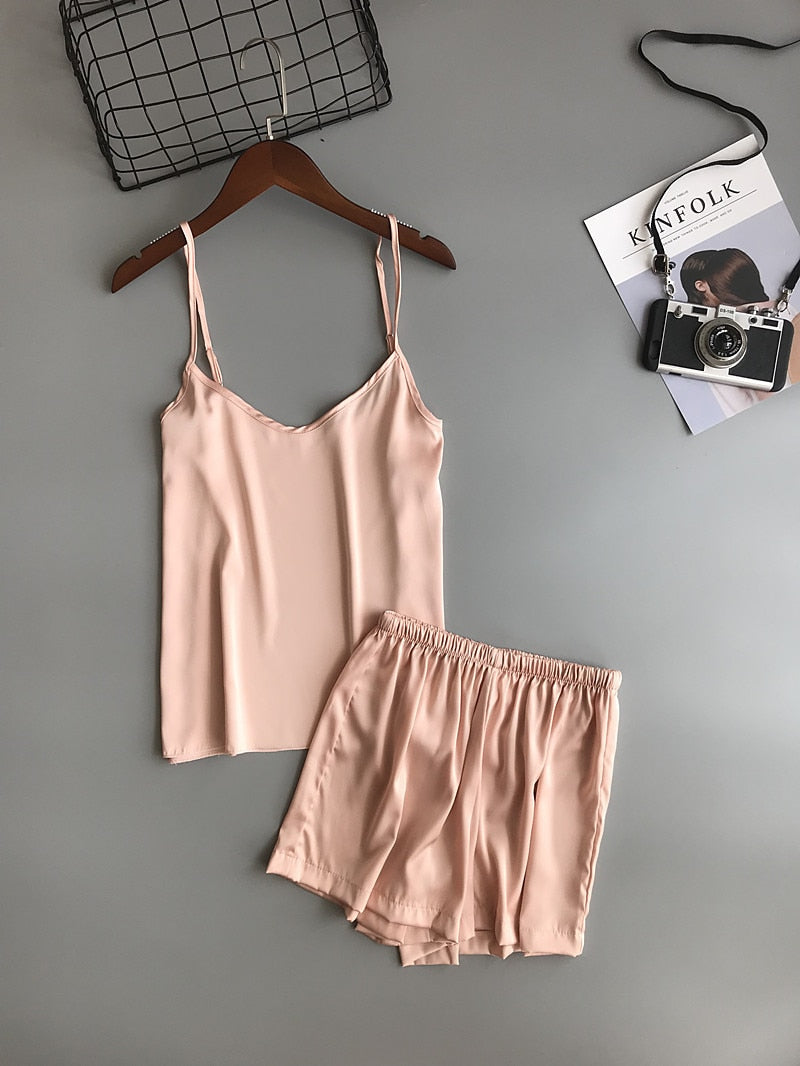 Ice Silk Twinset Korean Solid Color Pajamas Camisole Pajama Set Vest Shorts Suit