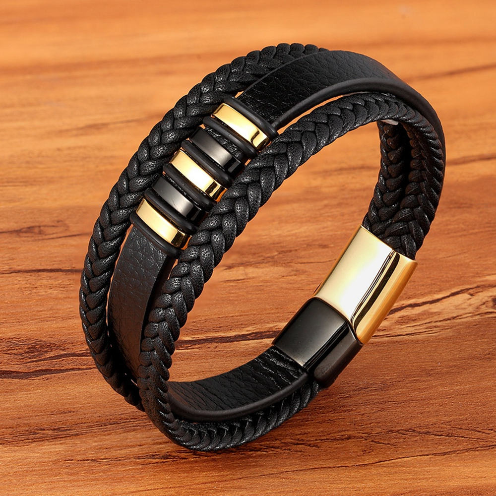 XQNI 3 Layers Black Punk Style Design Leather Bracelet Stainless Steel Magnetic Button Birthday Gift Bracelets