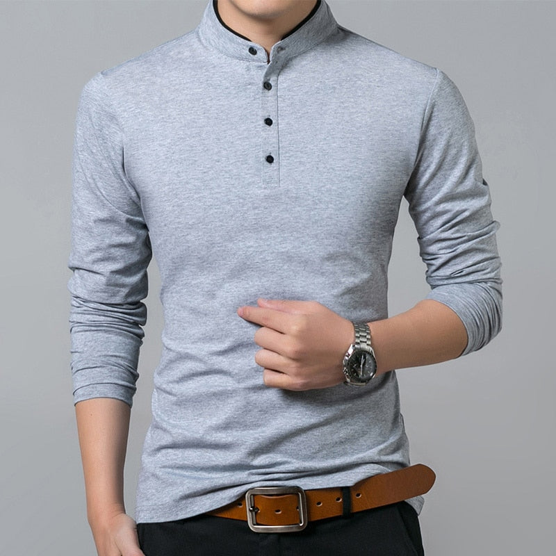 Liseaven T-Shirt Cotton T Shirt Full Sleeve Solid Color T-shirts Mandarin Collar Long Shirt