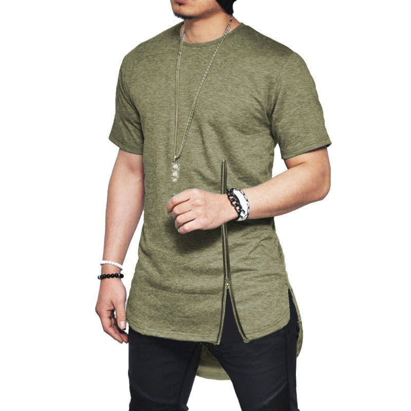 Fashion Asymmetrical Short Sleeve Zipper T-shirt Fashion Curved Hem Cotton