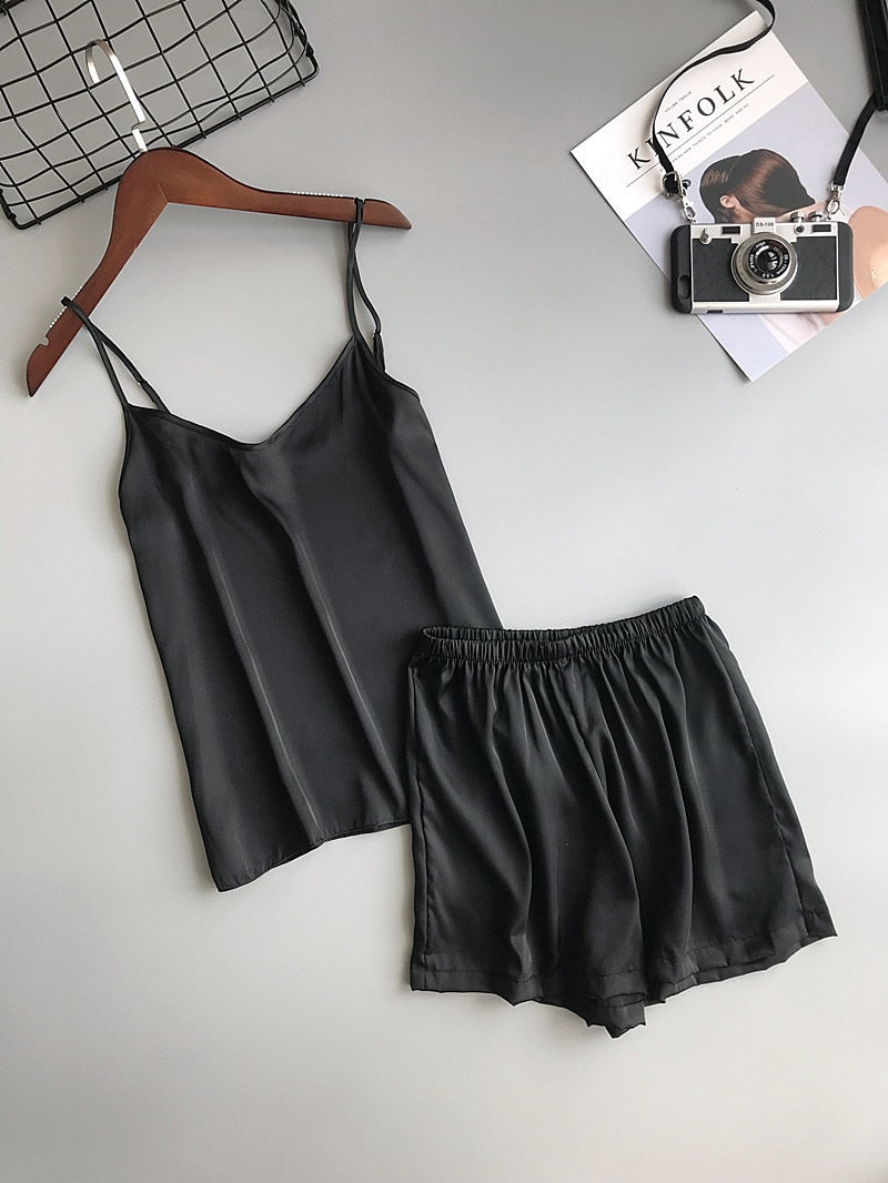 Ice Silk Twinset Korean Solid Color Pajamas Camisole Pajama Set Vest Shorts Suit