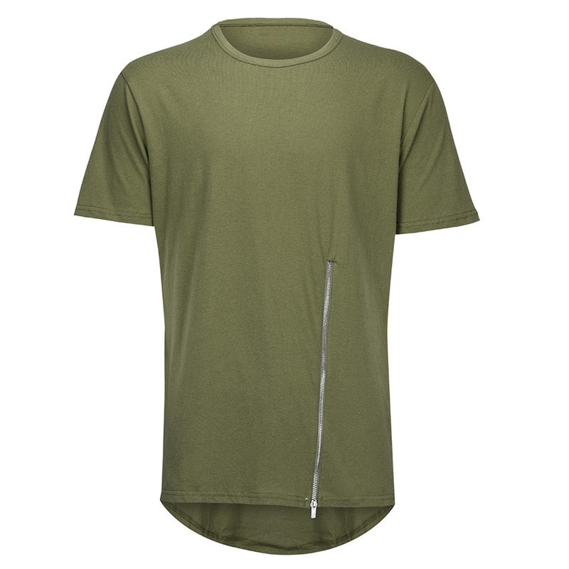 Fashion Asymmetrical Short Sleeve Zipper T-shirt Fashion Curved Hem Cotton