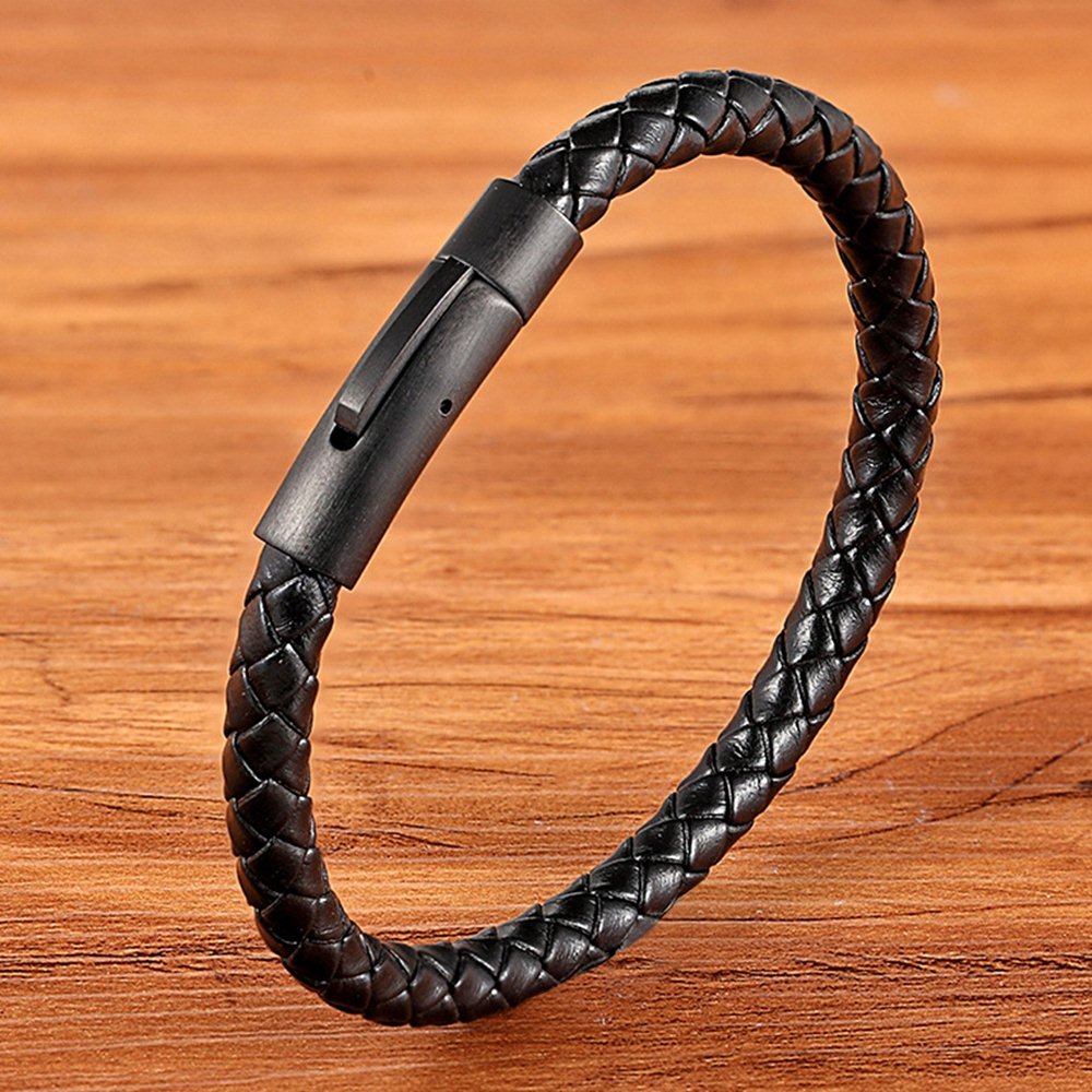 XQNI New Classic Style Leather Bracelet Simple Black Stainless Steel Button Neutral Accessories Hand-woven Jewelry Gifts