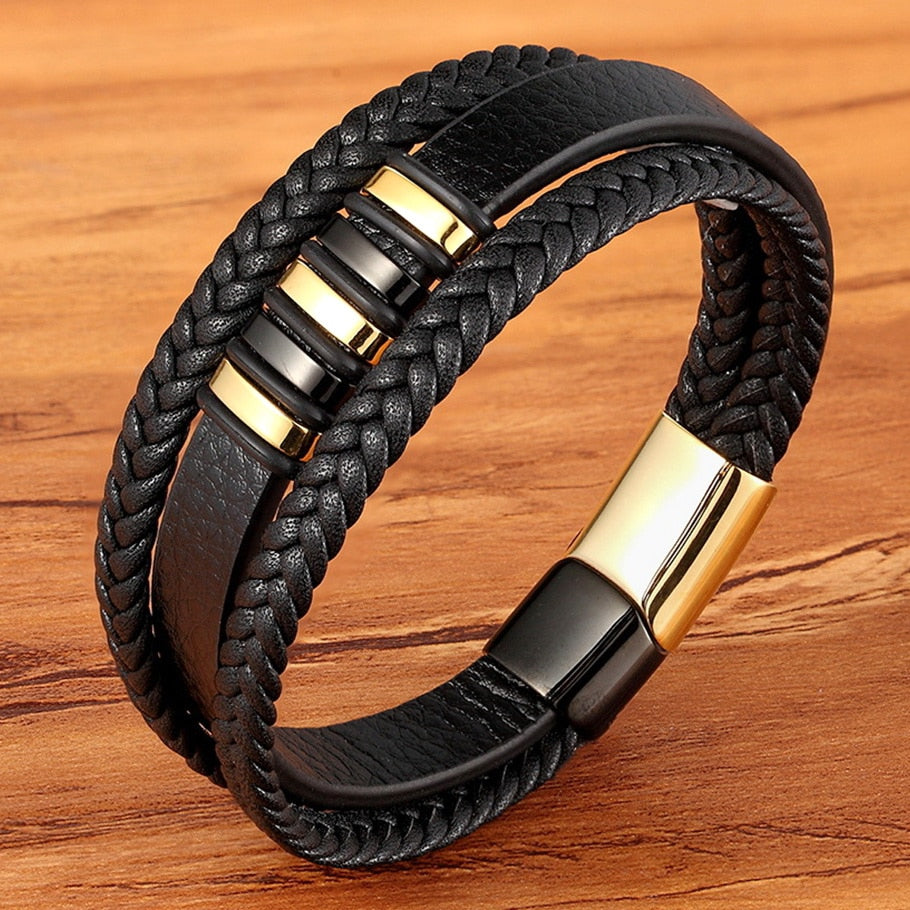 XQNI 3 Layers Black Punk Style Design Leather Bracelet Stainless Steel Magnetic Button Birthday Gift Bracelets