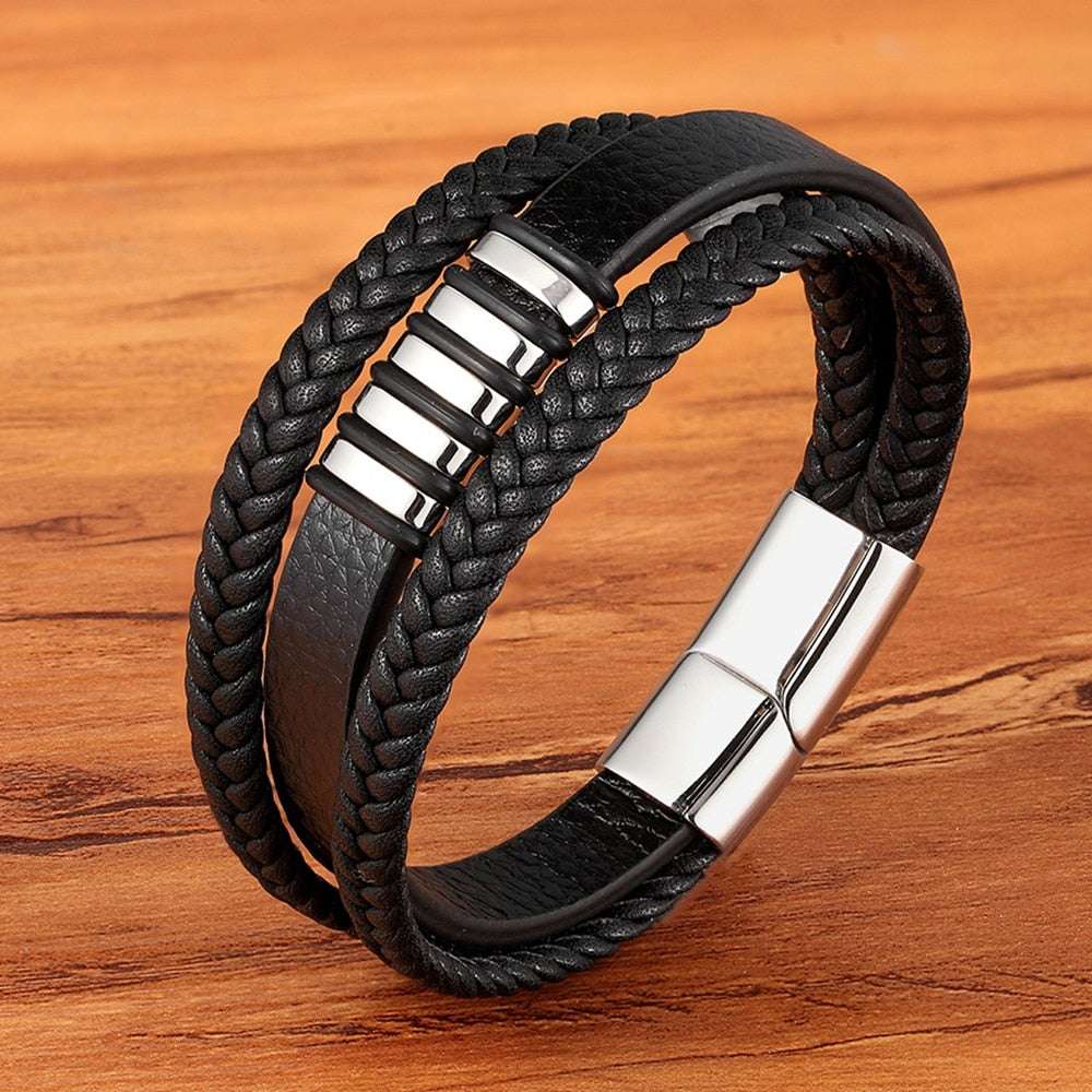 XQNI 3 Layers Black Punk Style Design Leather Bracelet Stainless Steel Magnetic Button Birthday Gift Bracelets