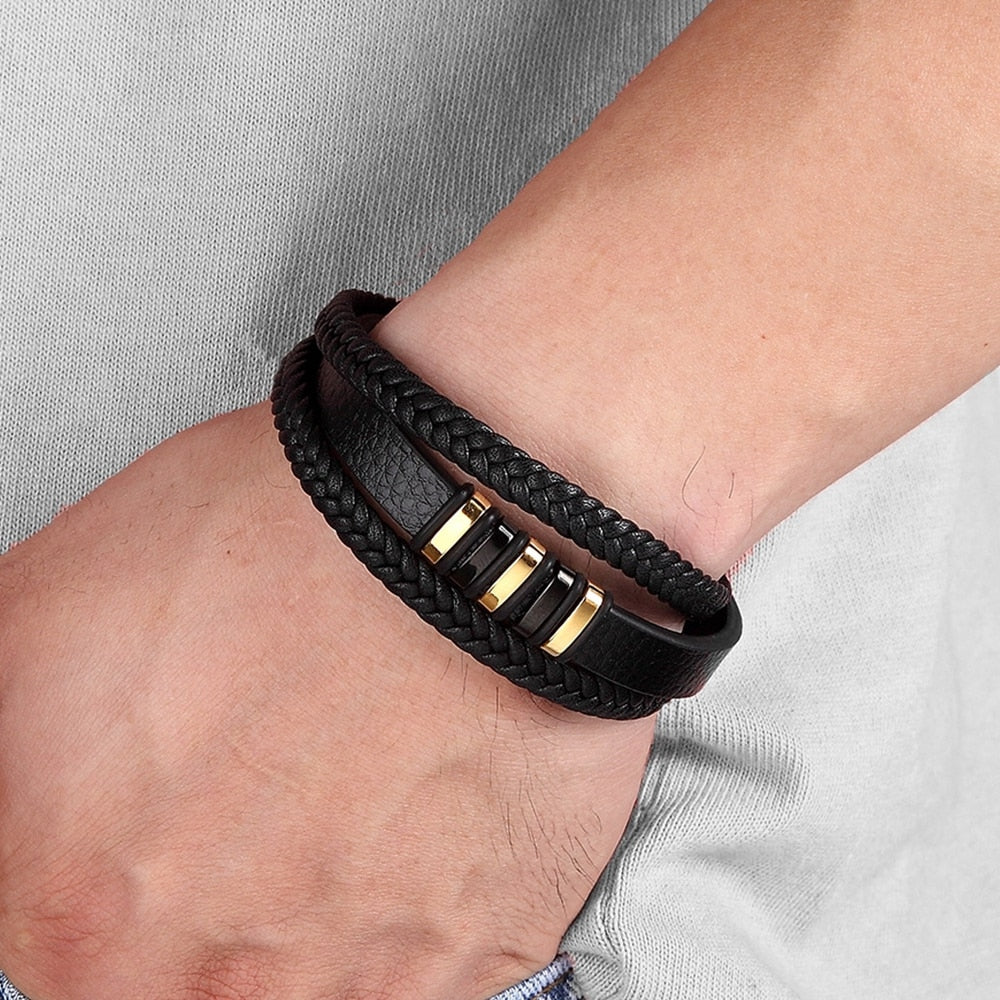 XQNI 3 Layers Black Punk Style Design Leather Bracelet Stainless Steel Magnetic Button Birthday Gift Bracelets