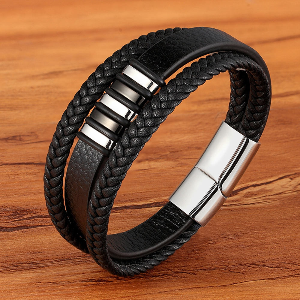 XQNI 3 Layers Black Punk Style Design Leather Bracelet Stainless Steel Magnetic Button Birthday Gift Bracelets