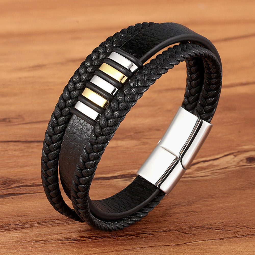 XQNI 3 Layers Black Punk Style Design Leather Bracelet Stainless Steel Magnetic Button Birthday Gift Bracelets