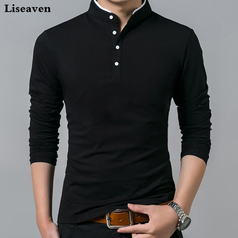 Liseaven T-Shirt Cotton T Shirt Full Sleeve Solid Color T-shirts Mandarin Collar Long Shirt