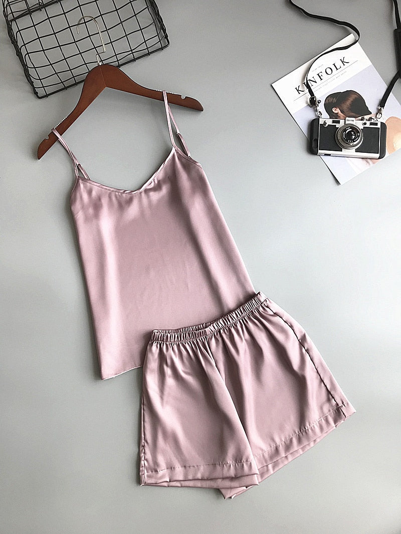 Ice Silk Twinset Korean Solid Color Pajamas Camisole Pajama Set Vest Shorts Suit