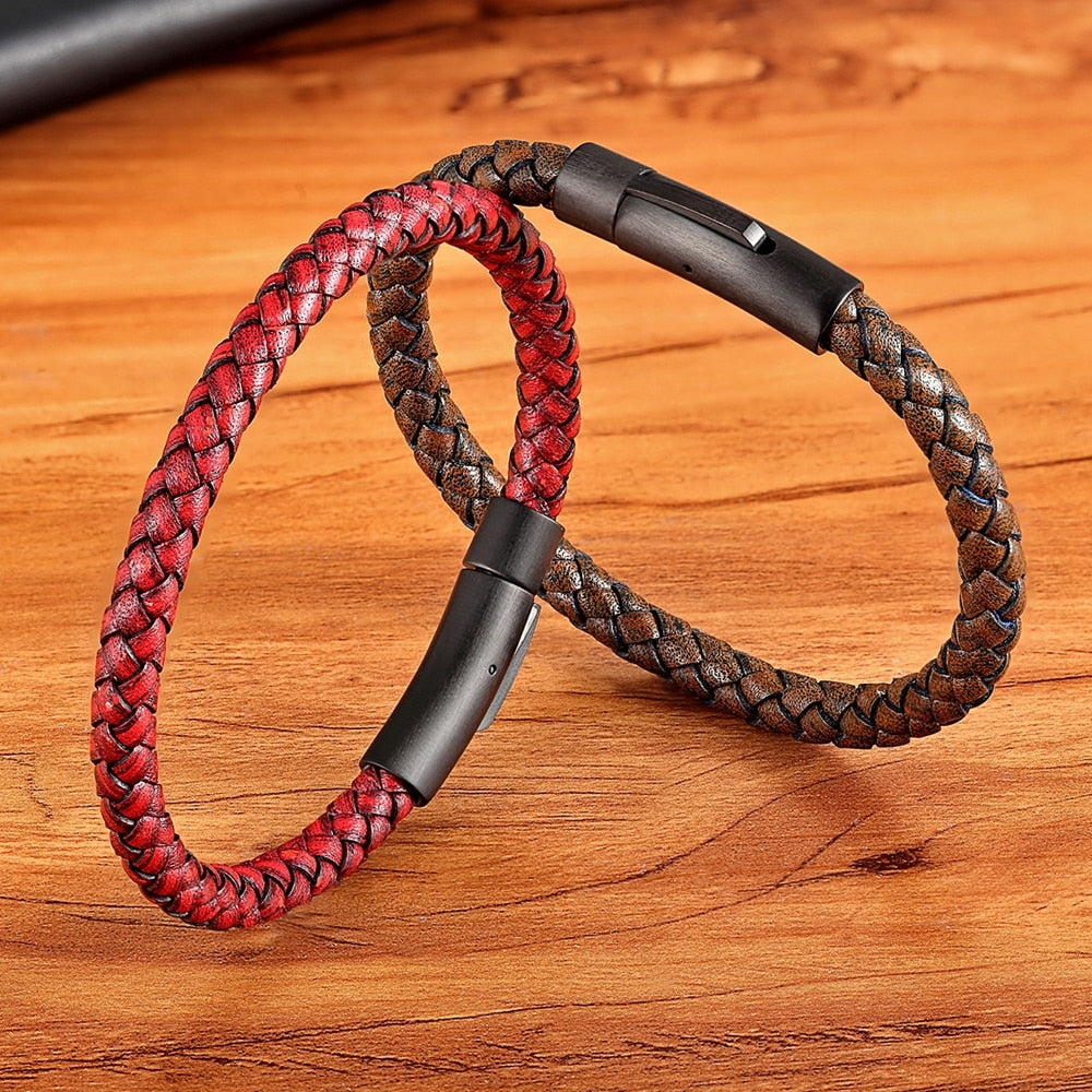 XQNI New Classic Style Leather Bracelet Simple Black Stainless Steel Button Neutral Accessories Hand-woven Jewelry Gifts