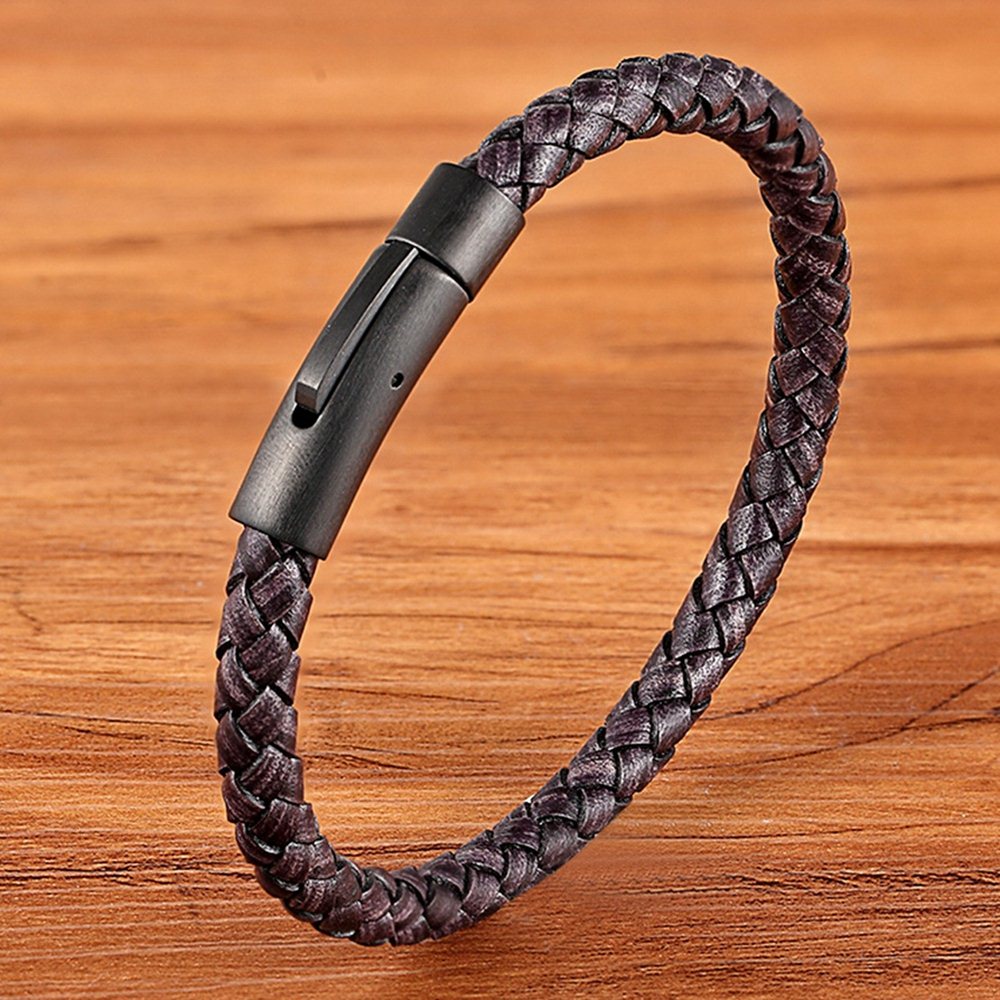 XQNI New Classic Style Leather Bracelet Simple Black Stainless Steel Button Neutral Accessories Hand-woven Jewelry Gifts
