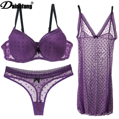 DAINAFANG Brand Lingerie 36/80 38/85 40/90 42/95 BC Cup Bra and Brief Sexy Clothes Nightgown Underwear Sets Panties