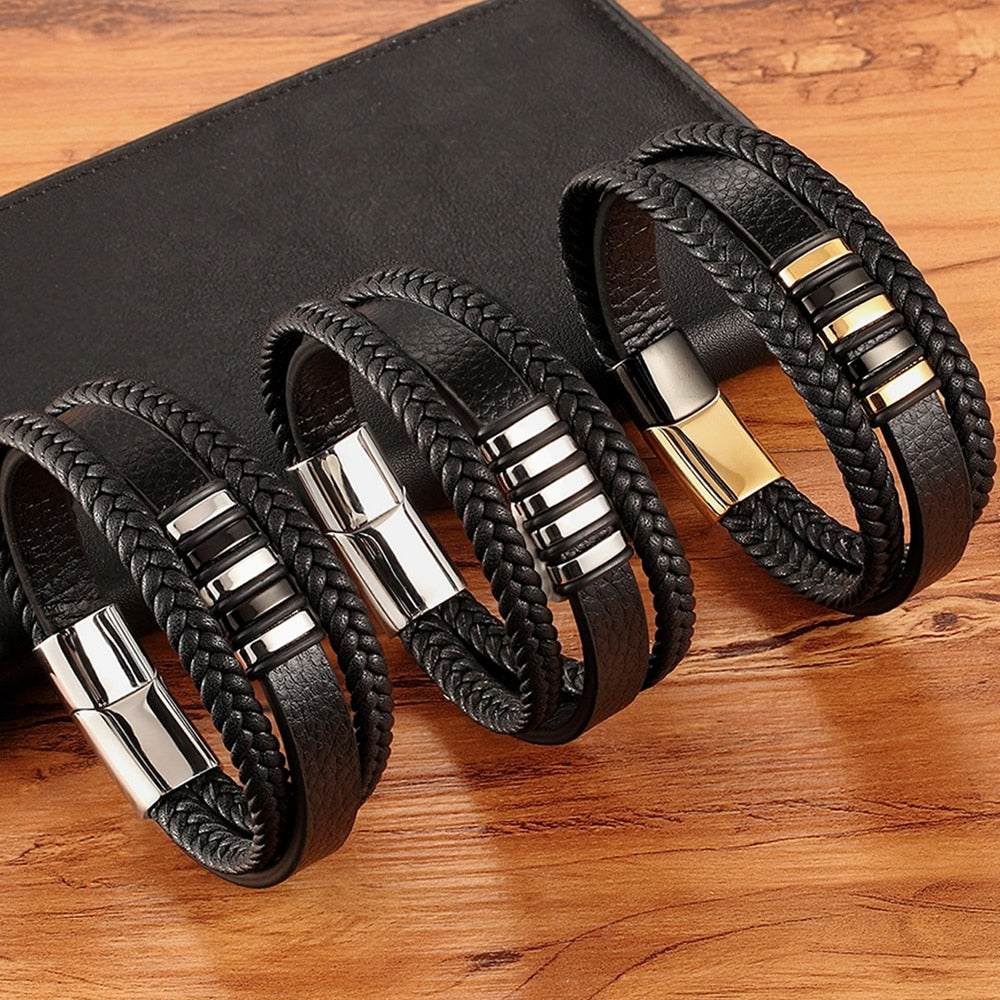 XQNI 3 Layers Black Punk Style Design Leather Bracelet Stainless Steel Magnetic Button Birthday Gift Bracelets