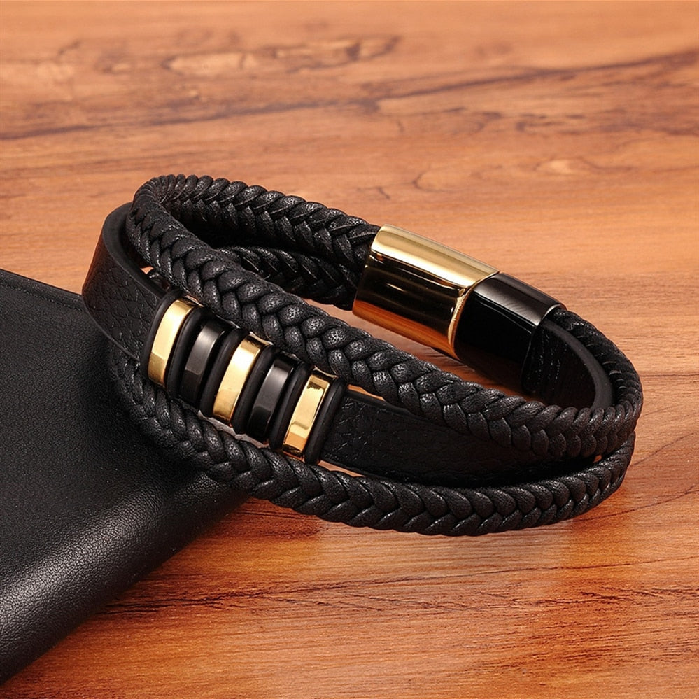 XQNI 3 Layers Black Punk Style Design Leather Bracelet Stainless Steel Magnetic Button Birthday Gift Bracelets