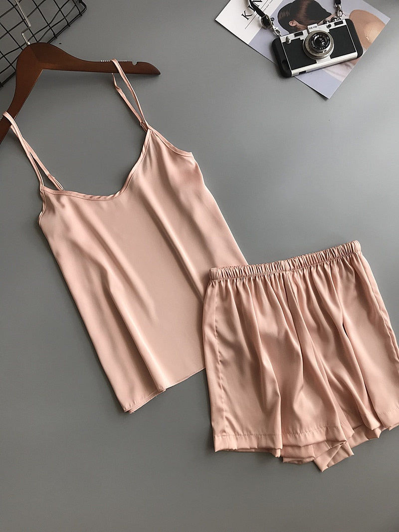 Ice Silk Twinset Korean Solid Color Pajamas Camisole Pajama Set Vest Shorts Suit