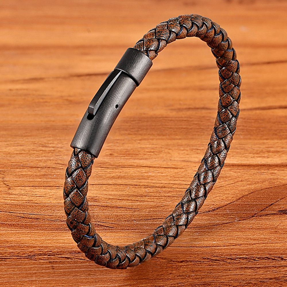 XQNI New Classic Style Leather Bracelet Simple Black Stainless Steel Button Neutral Accessories Hand-woven Jewelry Gifts