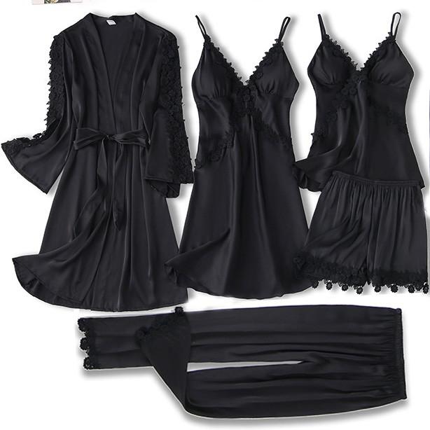 Satin Women Robe Set Sexy Nightdress Sleepwear Kimono Gown Lace PAJAMAS Intimate Lingerie Hollow Out Nighty&Robe Suit