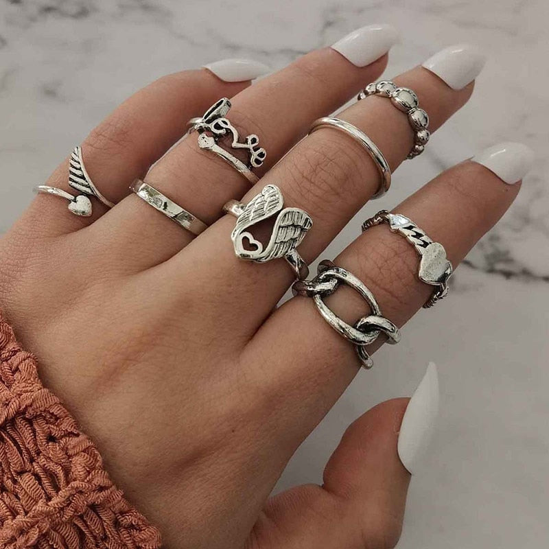 17 Pcs/Set Boho Vintage Gold Color Crystal Opal Gem Ring Set Crown Star Water Drop Geometric Party Rings for Women Jewelry Gifts