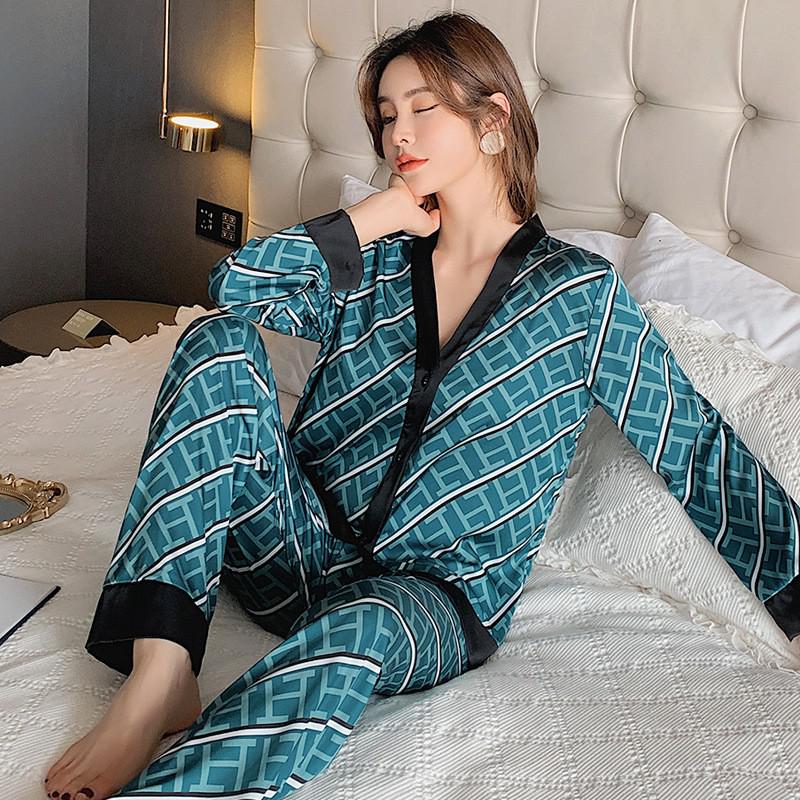 Pajamas - Women Satin Print Nightwear Casual 2PCS P V-Neck Intimate Lingerie