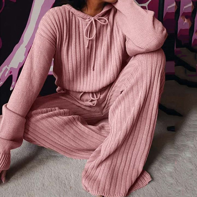 Knitted Pajama Set, Hooded Pajama Pants, Home Long Sleeve Sleepwear Loose Lounge Wear