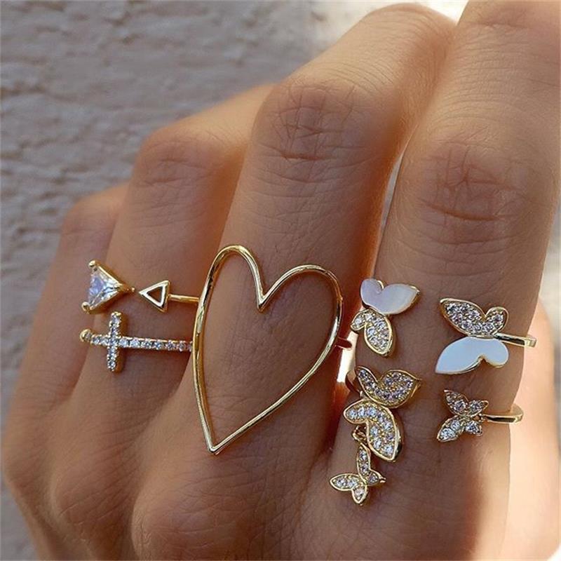 17 Pcs/Set Boho Vintage Gold Color Crystal Opal Gem Ring Set Crown Star Water Drop Geometric Party Rings for Women Jewelry Gifts