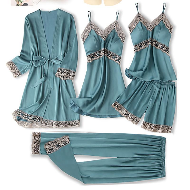 Satin Women Robe Set Sexy Nightdress Sleepwear Kimono Gown Lace PAJAMAS Intimate Lingerie Hollow Out Nighty&Robe Suit