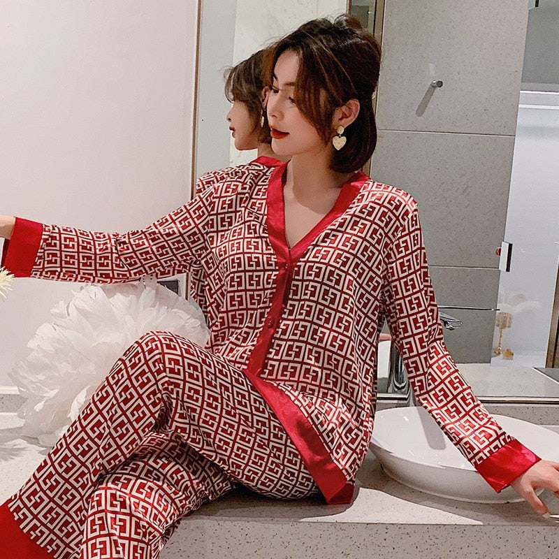 Pajamas - Women Satin Print Nightwear Casual 2PCS P V-Neck Intimate Lingerie