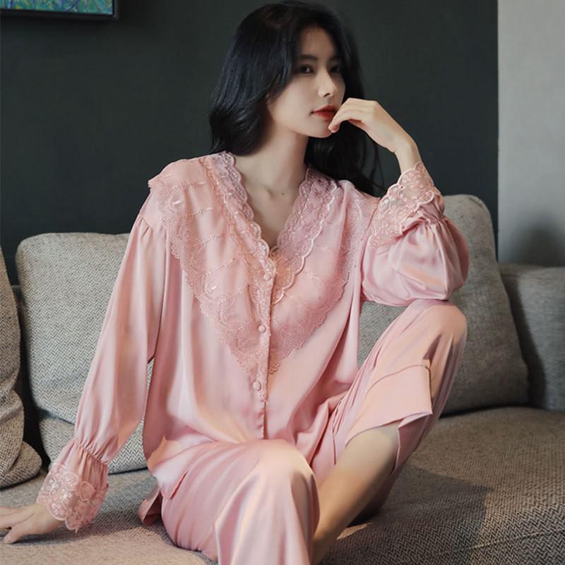 Lace 2PCS Sleepwear Satin Pajamas Suit Summer Pajamas Casual Intimate Lingerie Long Sleeve Shirt Pants Lounge Wear
