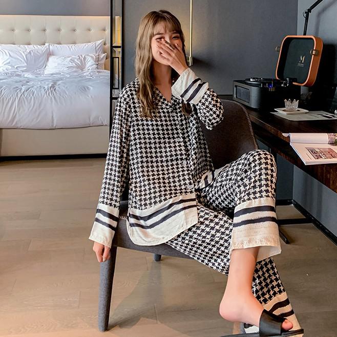 Pajamas - Women Satin Print Nightwear Casual 2PCS P V-Neck Intimate Lingerie