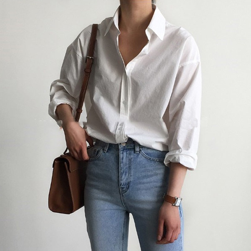 BGTEEVER White Shirts Blouses Turn-down Collar Single-Breasted Long Sleeve Shirts / Tops