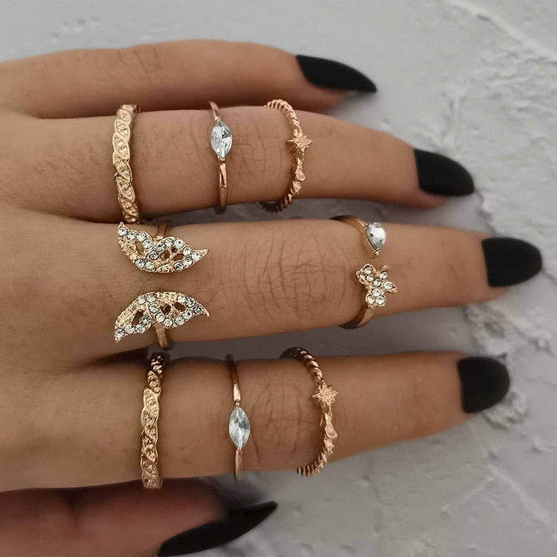17 Pcs/Set Boho Vintage Gold Color Crystal Opal Gem Ring Set Crown Star Water Drop Geometric Party Rings for Women Jewelry Gifts