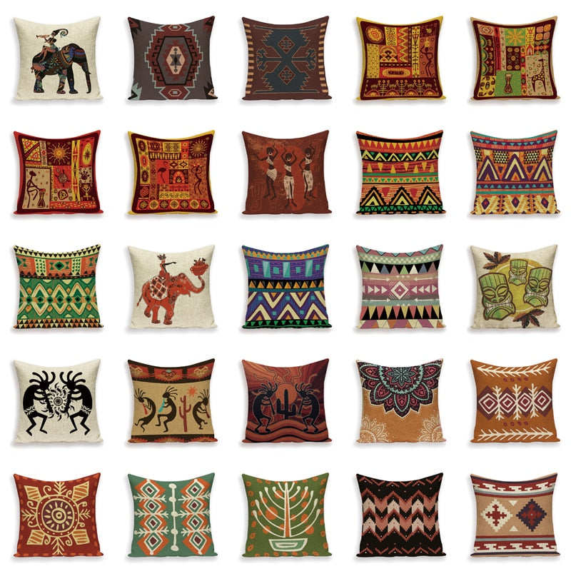 African Style Cushion Cover, African Style Pillow Case Linen Print Color Cloth for Sofa Throw Pillows