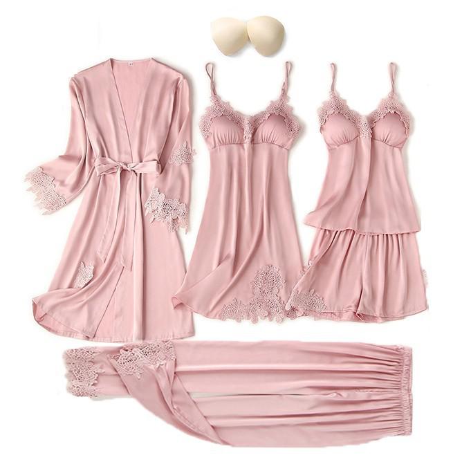 Satin Women Robe Set Sexy Nightdress Sleepwear Kimono Gown Lace PAJAMAS Intimate Lingerie Hollow Out Nighty&Robe Suit