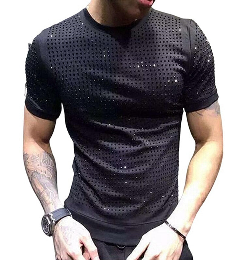 Drill T-shirt Rhinestones Short Sleeve Heavy industry T-shirt
