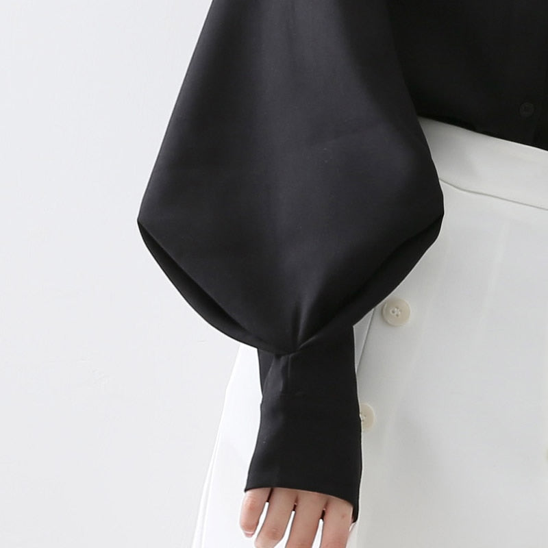 Large Lantern Sleeve Blouse, Single Breasted Stand Collar Shirts Office Work Blouse Solid Vintage Blouse / Shirts